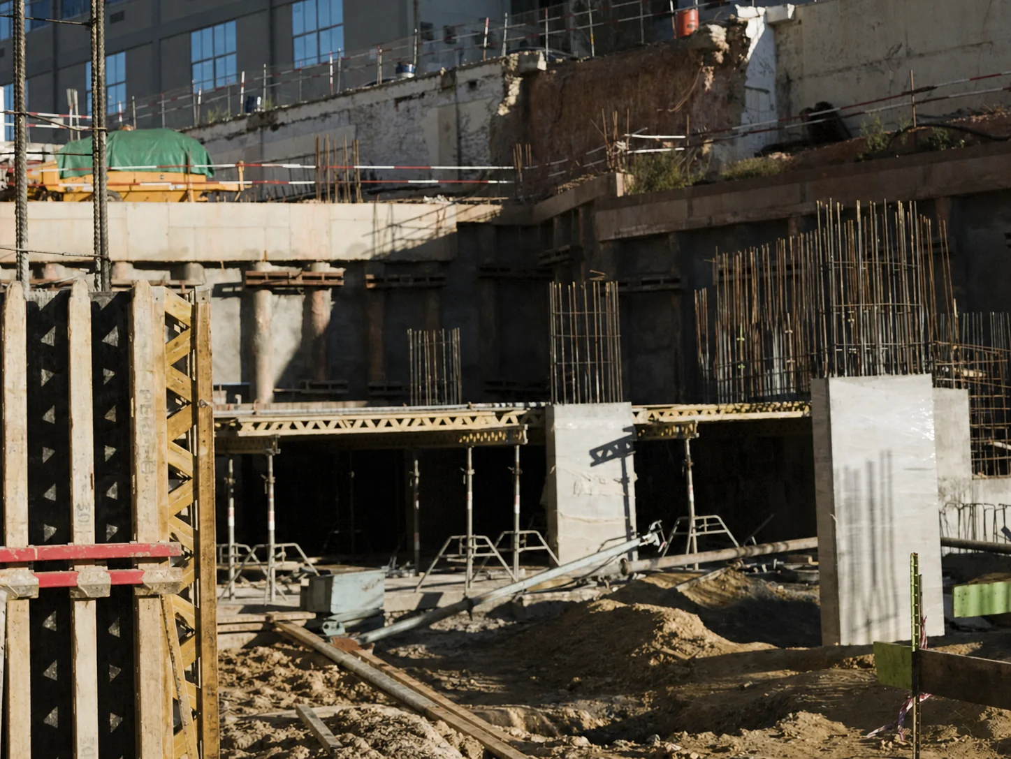 Unoccupied construction site with reinforced concrete structures