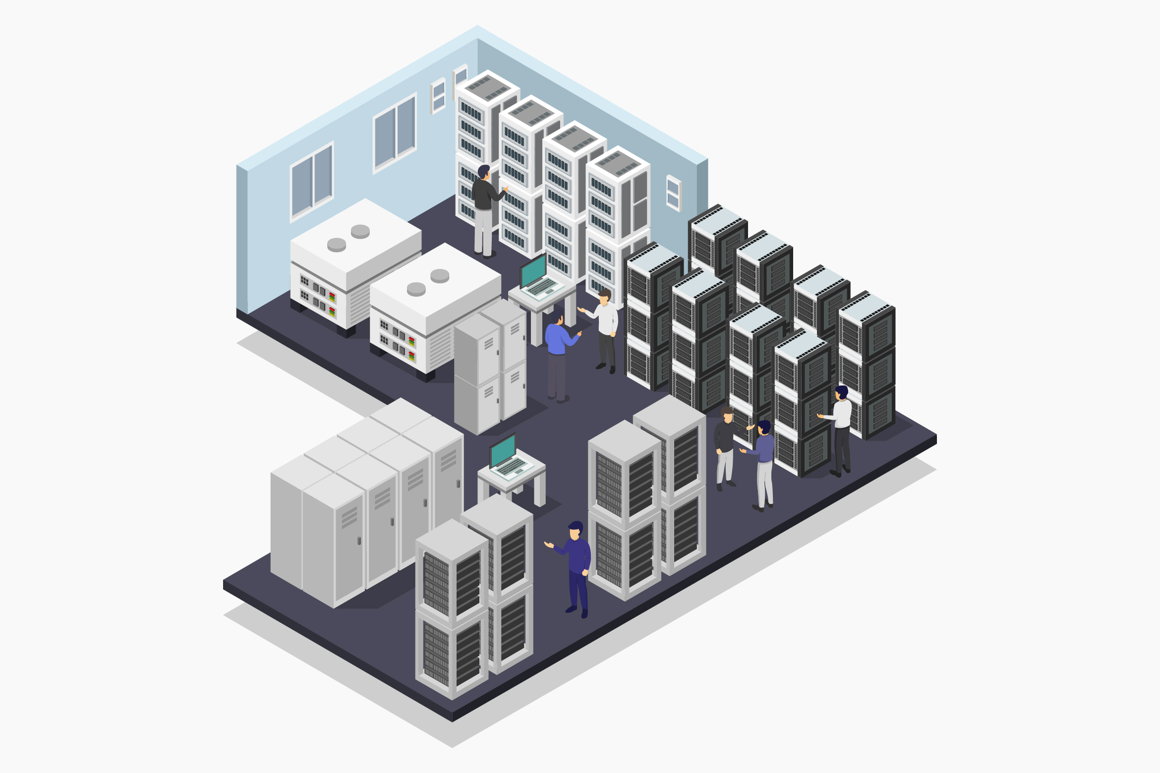 Isometric server room, rack, power and infrastructure graphic